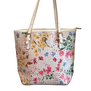 Anne Klein Floral Tote Bag Cream Multicolor Faux Leather Shoulder Bag Gold Tone